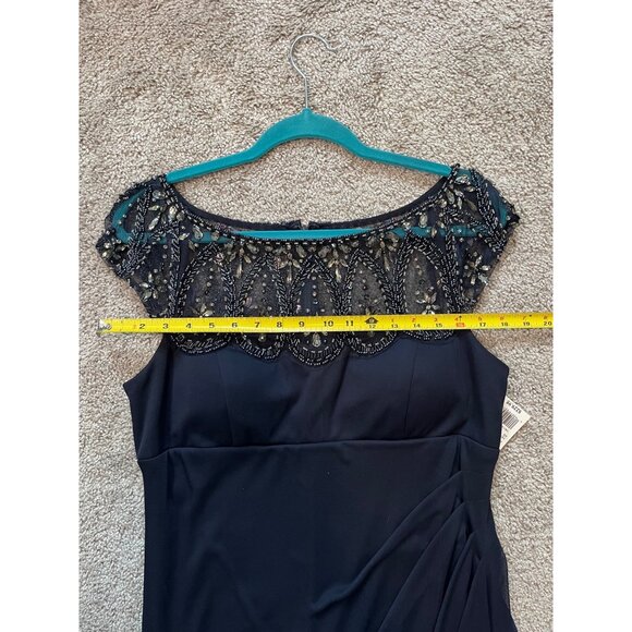 Xscape Cap-Sleeve Beaded Yoke Sheer Gown By Davids Bridal Sz 16 Ruched Navy NWT - Picture 8 of 12